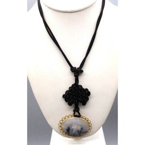 Vintage Dendritic Opal Pendant Necklace, Gold Tone Framed Stone Cabochon